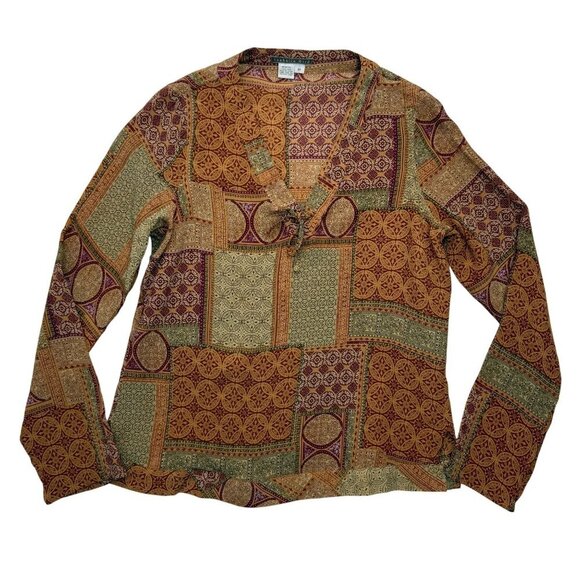 VTG Isabella Bird 100% Silk Popover Top Patchwork Print Boho Retro Size Medium - Picture 1 of 10